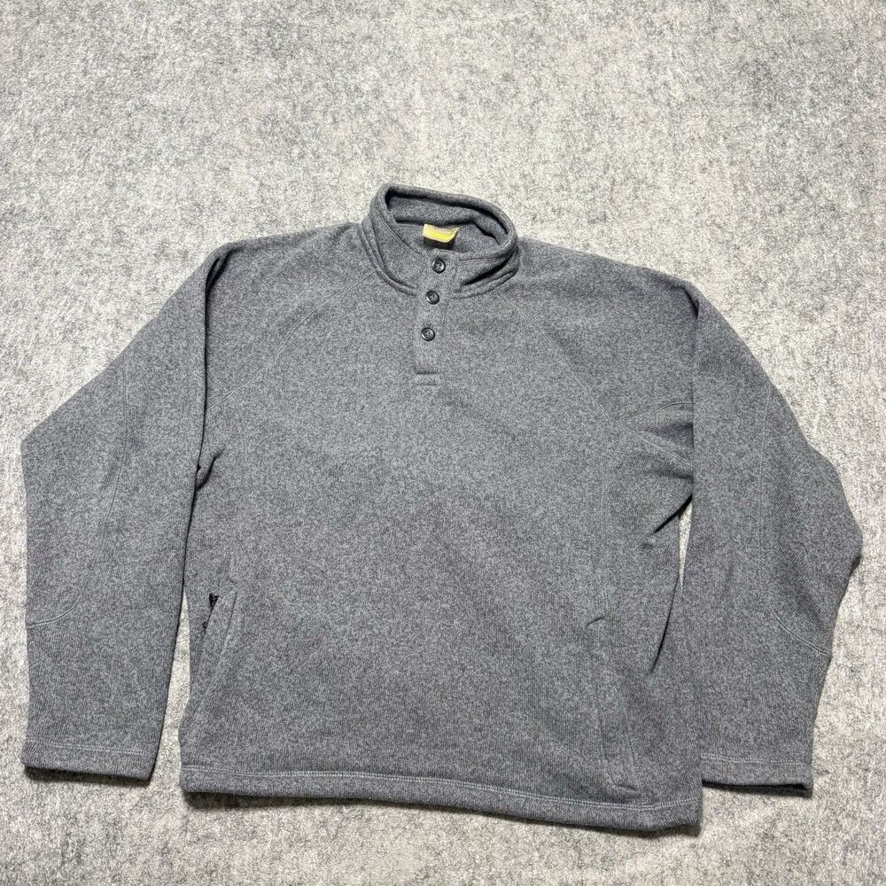 Cabelas Fleece Pullover Mens XL Gray 4 Snap Button Mock Neck Heavyweight Sweater